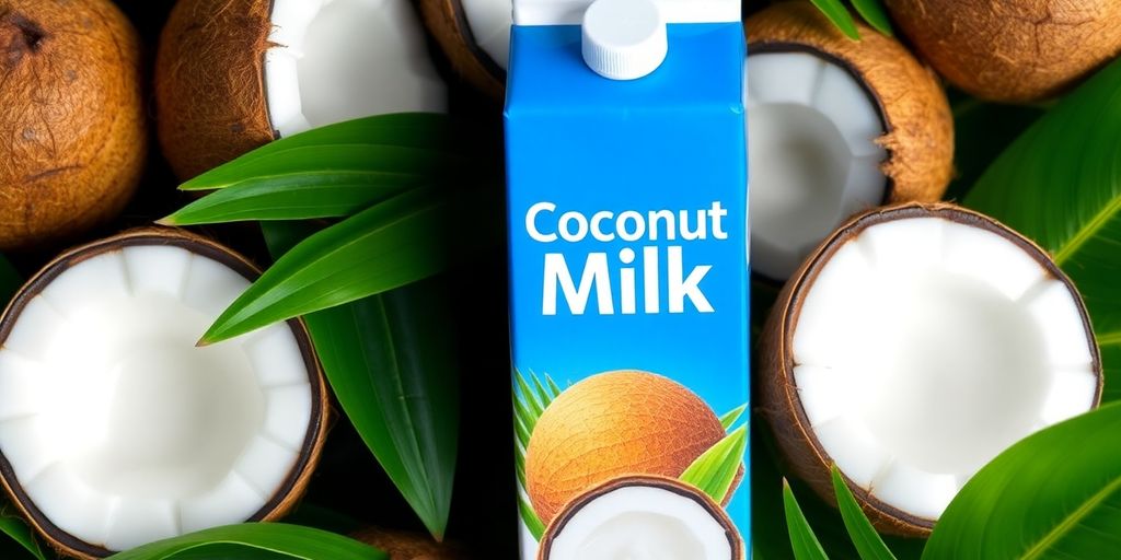 Carton of coconut milk with fresh coconuts and green leaves.