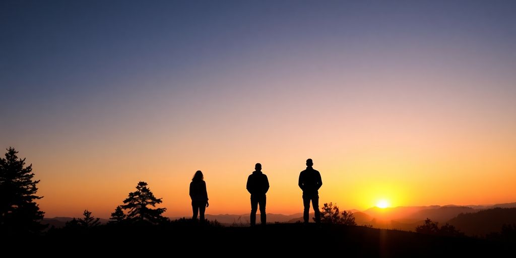 Silhouetted figures on a hill at dawn.