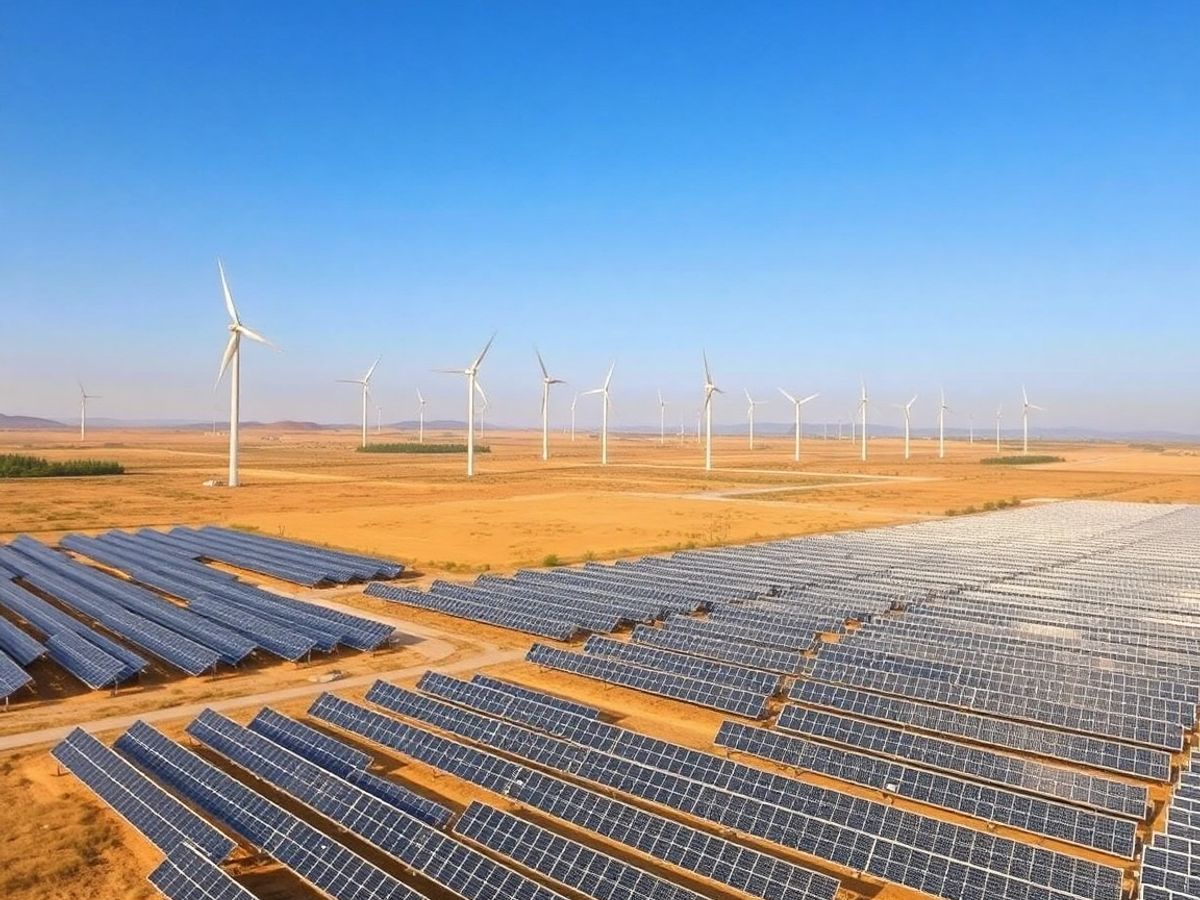 Turbine eoliene și panouri solare sub un cer senin.
