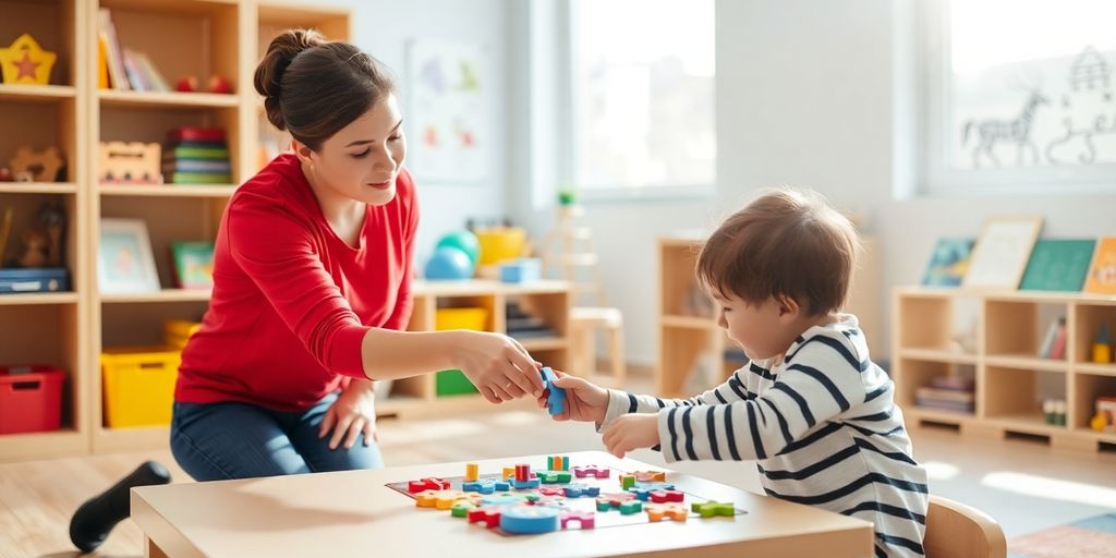 Teacher assistant kneeling beside student working on puzzle in classroom