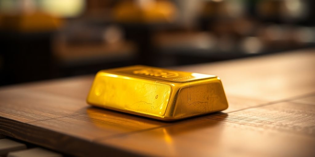 Lingot d'or sur une table en bois.