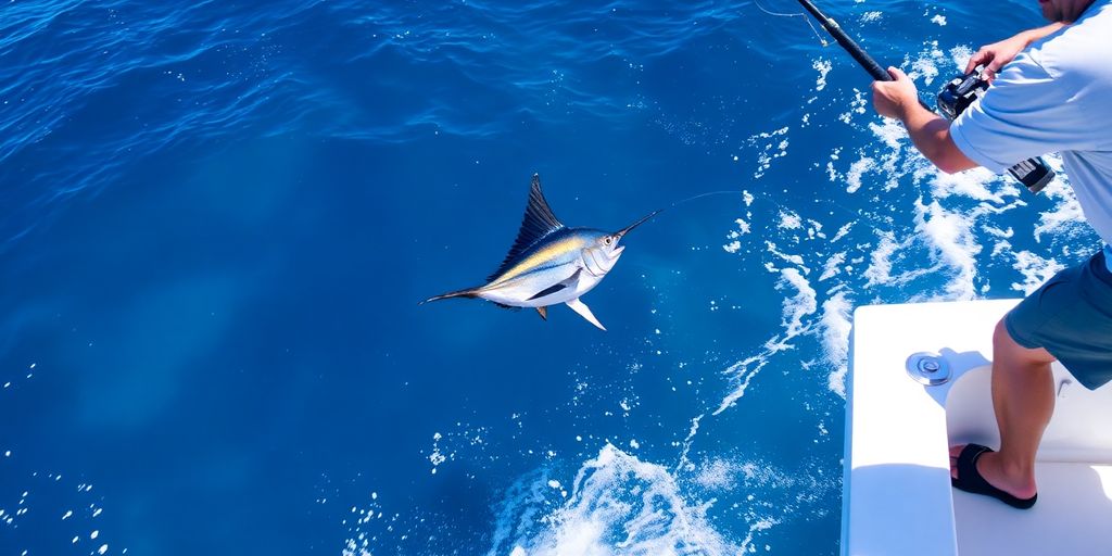 Angler reeling in a marlin from a sportfishing boat.