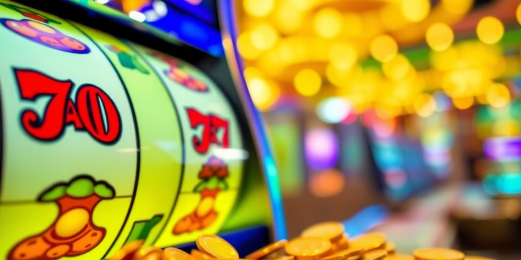 Gleaming slot machine reels with gold coins spilling out.
