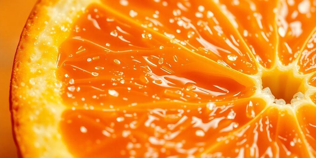 Bright orange slice with vitamin C crystals.