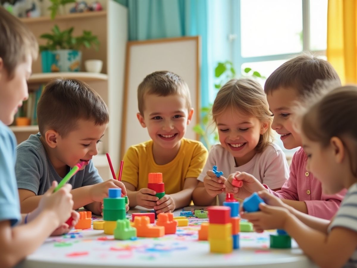 Copii jucându-se și învățând împreună.