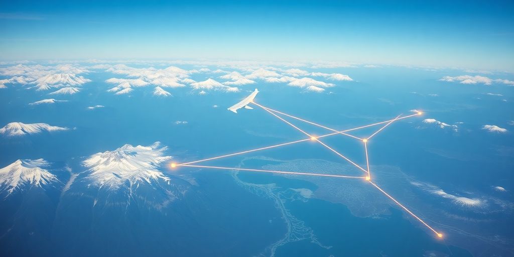 Aerial photographic view of Alaska with glowing flight routes overlay.