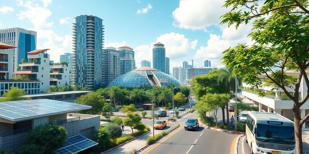 Modern Indonesian city with green spaces and advanced technology.
