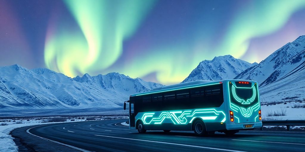 A futuristic shuttle bus driving through snowy Alaskan mountains.