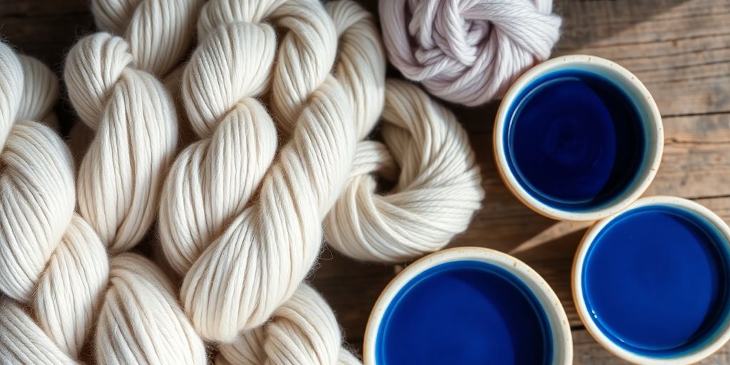 Soft Peruvian wool skeins, vibrant indigo dyes.