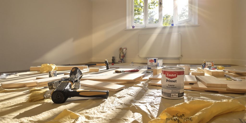 Sunlit home renovation scene with tools and materials.