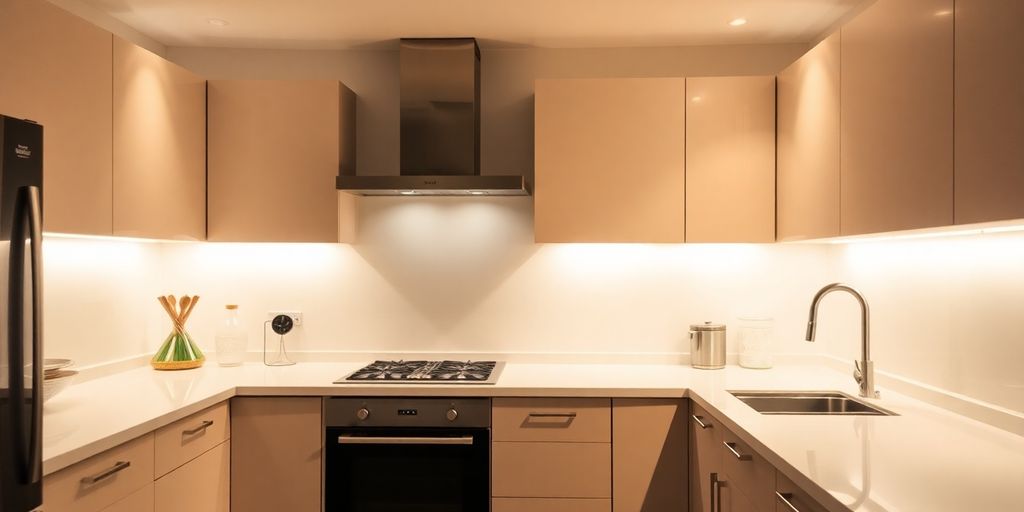 Modern kitchen spotlights illuminating a sleek countertop.