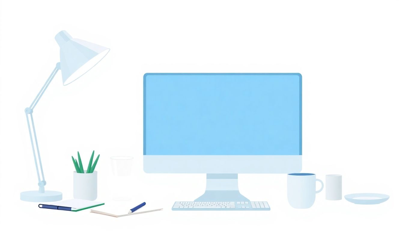 Illustrasjon av et kreativt arbeidsrom med myke farger.