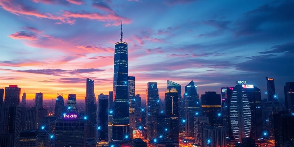 Futuristic cityscape with illuminated technology elements.