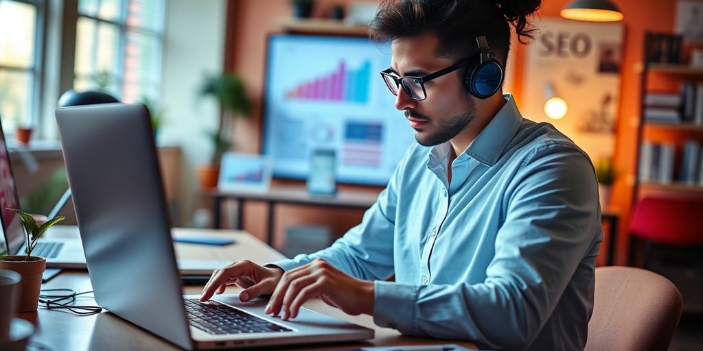 Digital marketing professional working on SEO strategy with laptop.