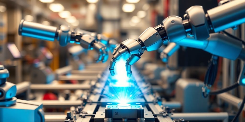 Robotic arms working on assembly line with glowing data.