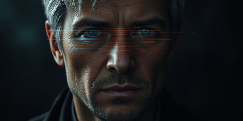 Character with digital corruption overlaying facial features.