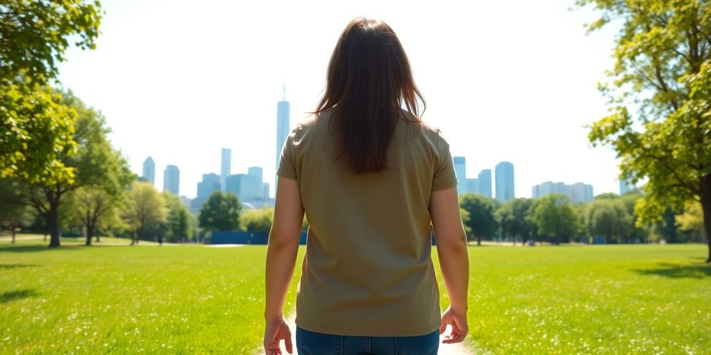 Person walking through park, city in background.