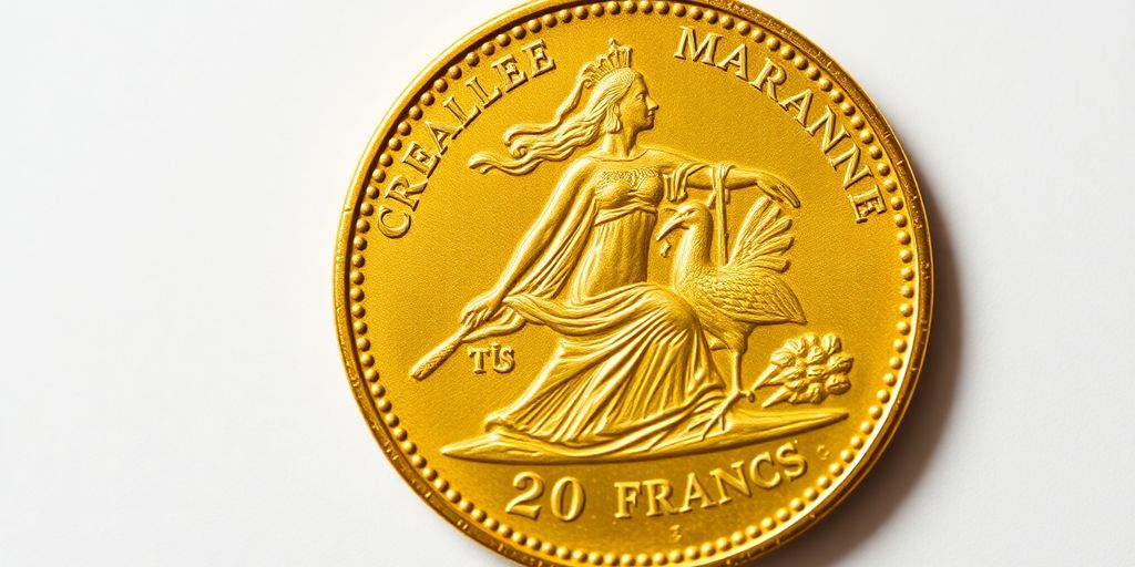 Pièce de 20 francs or Marianne Coq en gros plan.
