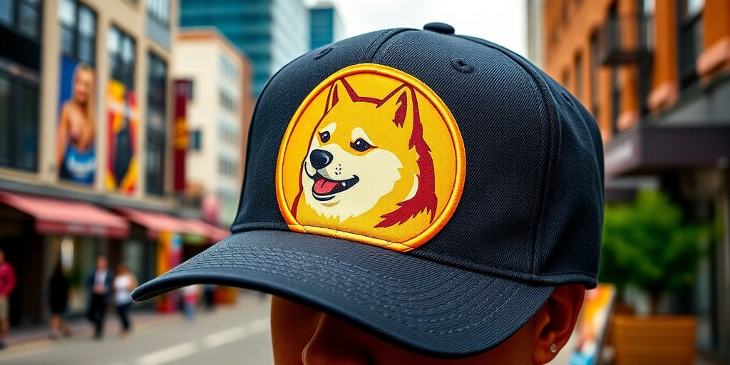 Dogecoin dad hat in a trendy urban setting.