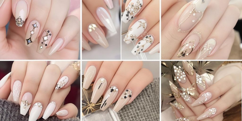 Unhas decoradas bege elegantes para festas e eventos.