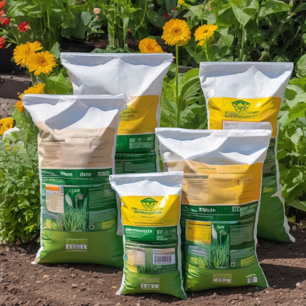 fertilizer bags with NPK labels in a garden