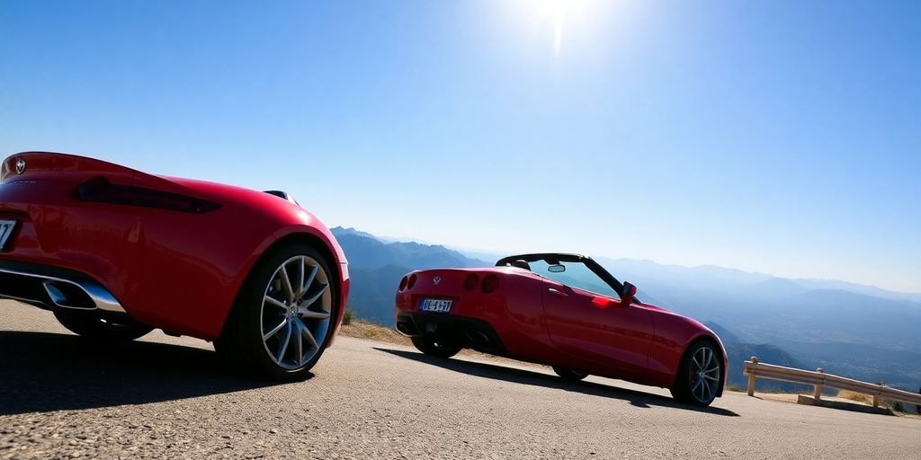 Red sports car parked on scenic mountain road.