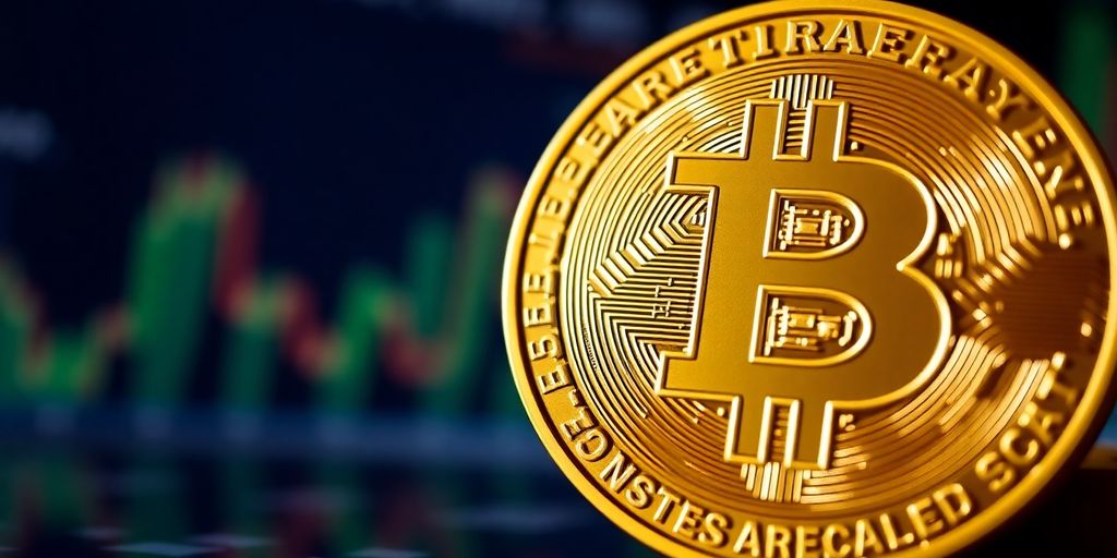 Bitcoin coin against a blurred financial background.