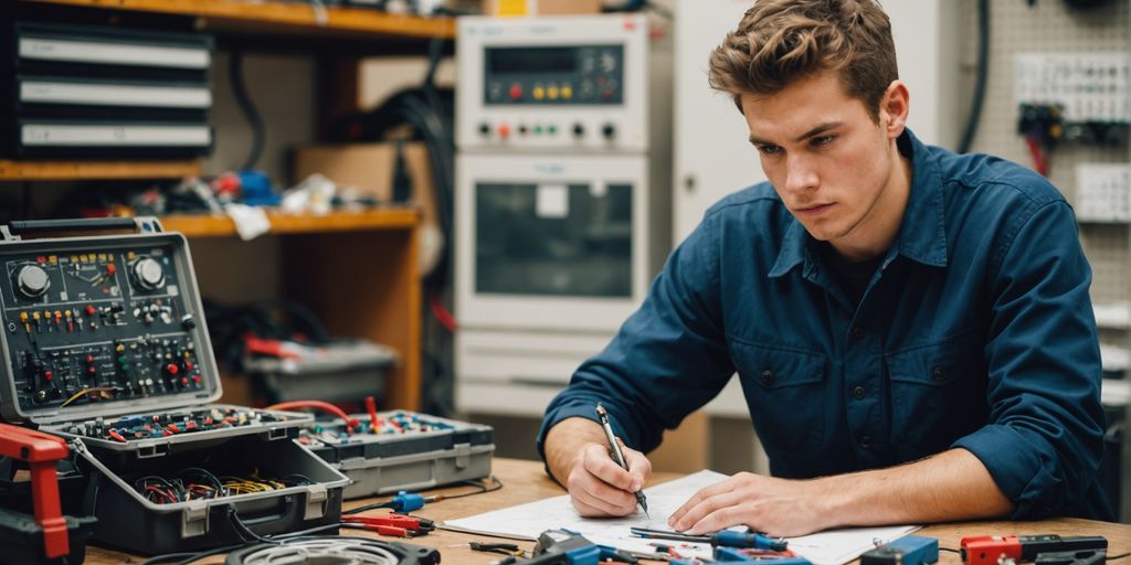 Young electrician studying diagrams and wiring