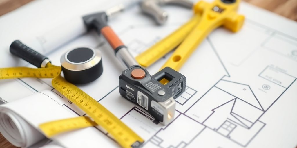 Home remodeling tools on a blueprint.