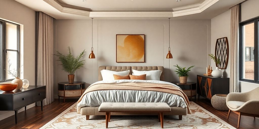 Bedroom with curved furniture and eclectic decor.