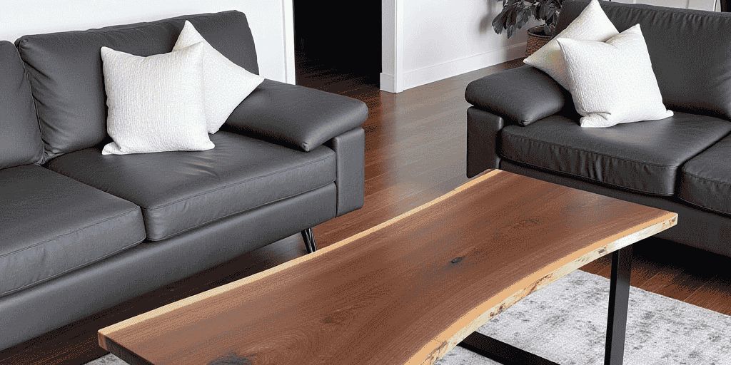 Modern living room with two sofas and a wooden coffee table.