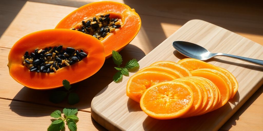 Halved papaya with seeds on board, sliced pieces and mint