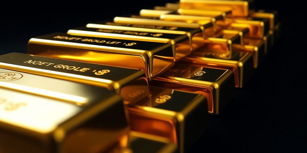 Barres d'or brillantes empilées sur un fond sombre.