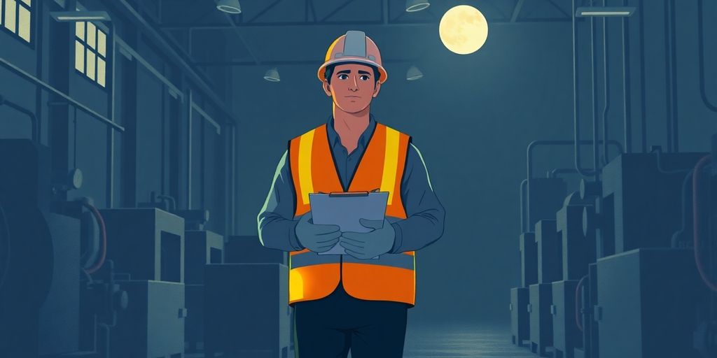 Factory worker in safety vest walking under night shift lighting.
