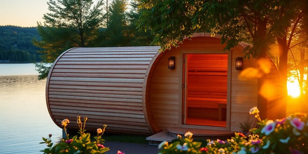 Barrel sauna in a serene outdoor setting.