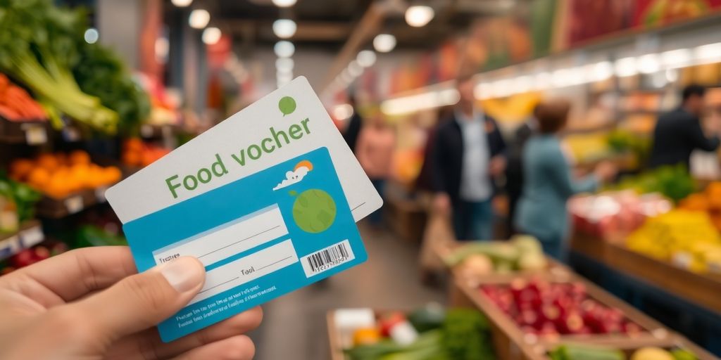 Pessoas recebendo e utilizando cartões de alimentação.