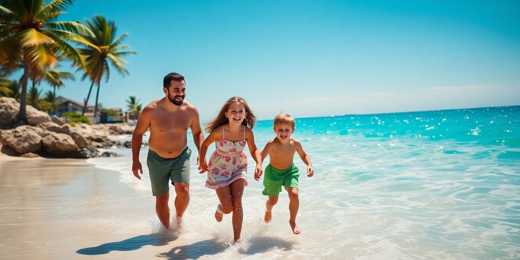 Family enjoys sunny beach in Cabo San Lucas.