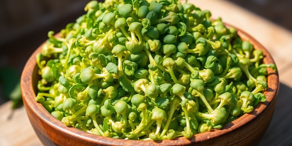 Freshly harvested green broccoli sprouts in a wooden bowl.