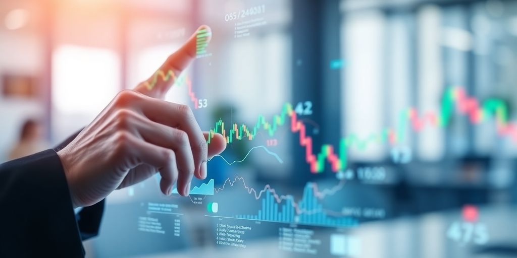 Hands interacting with holographic financial data.