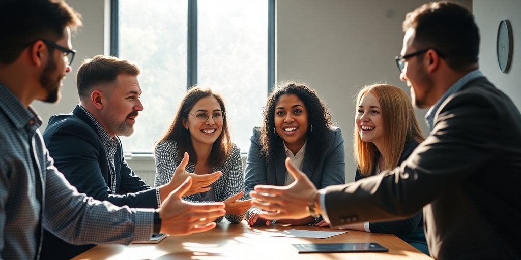 Business people collaborating near a bright, modern office window.