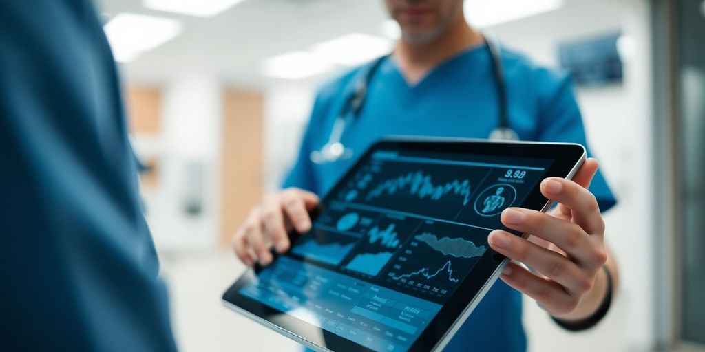 Healthcare professional with digital tablet in a clinic.