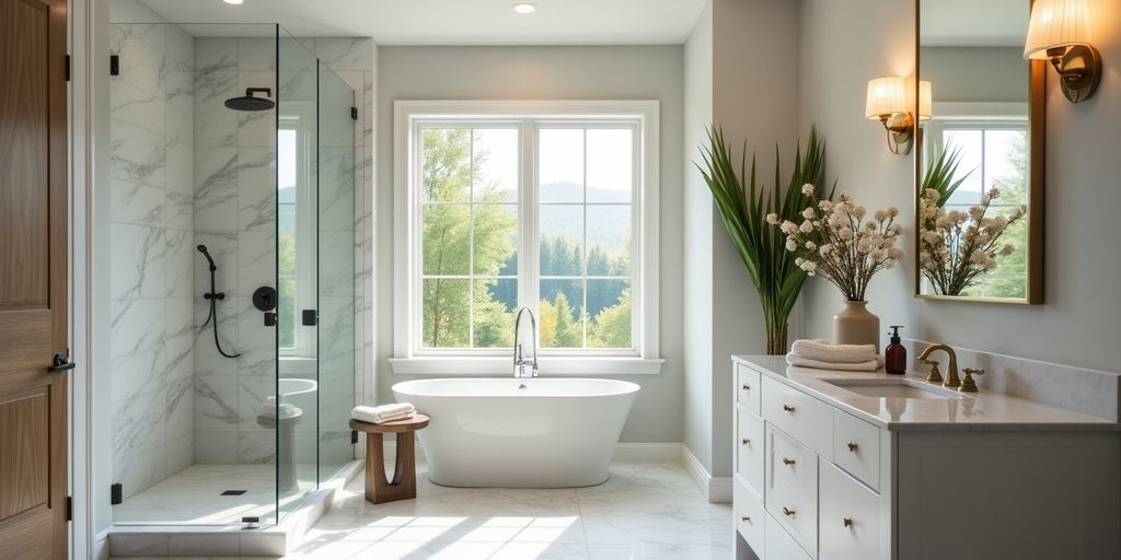 Modern bathroom with sleek fixtures and elegant design.