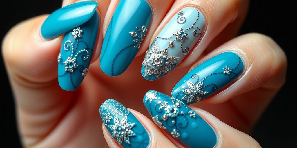 Unhas decoradas azul-petróleo com padrões e texturas.