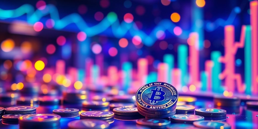 Colorful cryptocurrency coins in a lively digital setting.