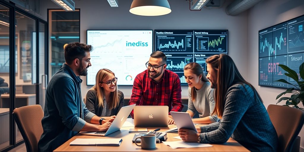 Profissionais de marketing digital em ambiente moderno.