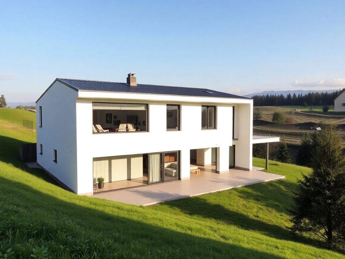 Casă pasivă modernă în peisaj rural românesc.