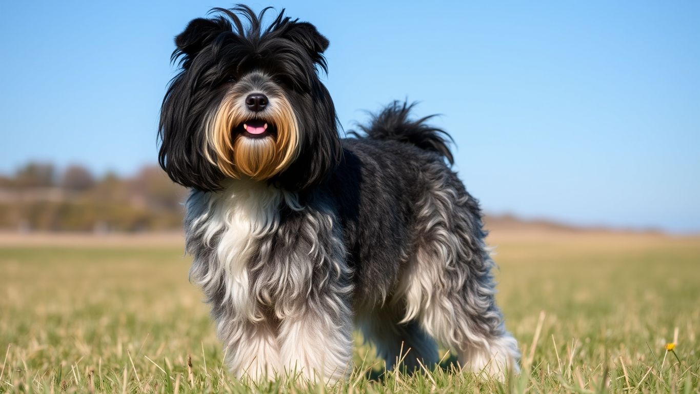 Puli dog with corded coat in a grassy field.
