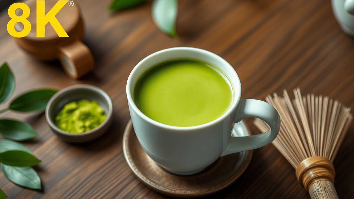 Cup of matcha tea with powder and whisk