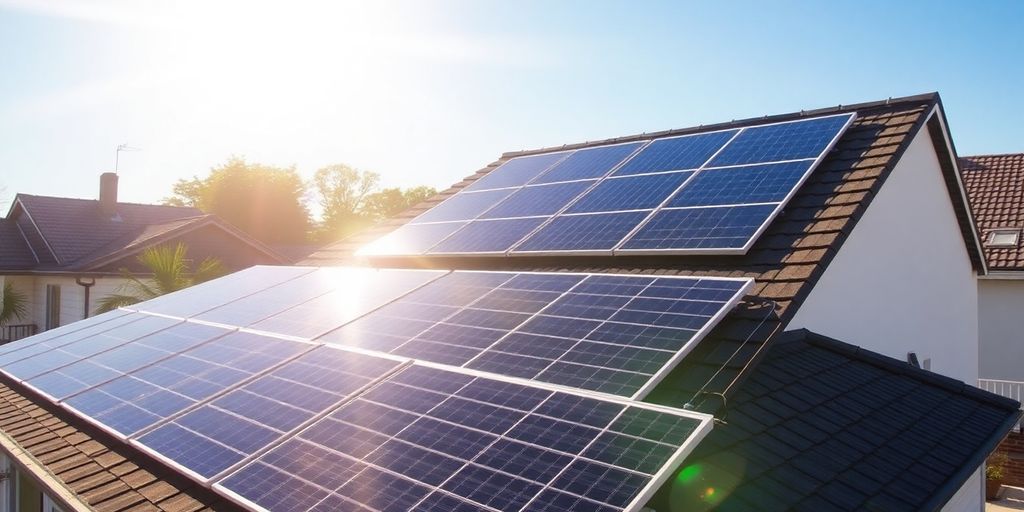 Sunlight hitting a modern home's solar panels.
