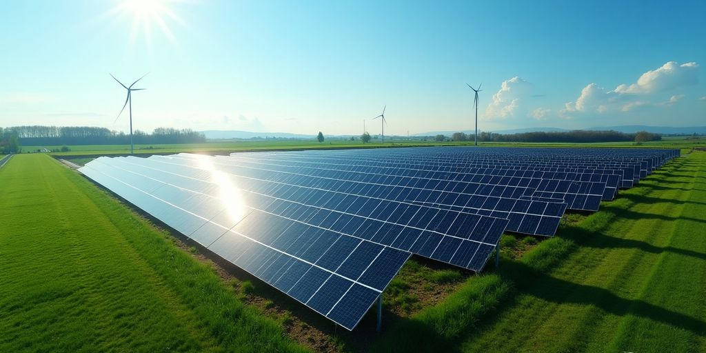Acre of solar panels under a clear blue sky.